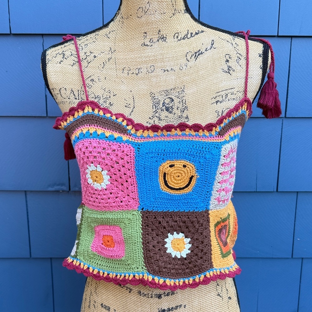 Earthbound Trading Co Vibrant Crochet Patchwork Camisole small medium granny